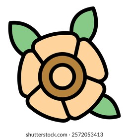 Simple botanical illustration of a peach colored flower blooming with vibrant green leaves