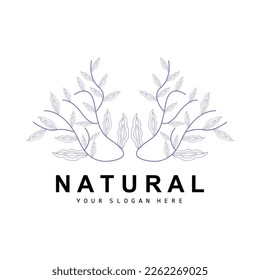 Logotipo simple de hoja y flor botánica, estilo de línea natural vectorial, diseño de decoración, cartel, volante, invitación a la boda y promoción de marca de productos
