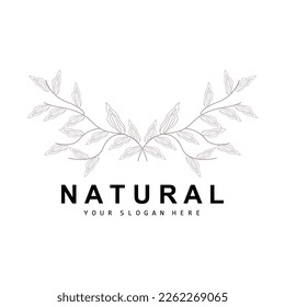 Simple Botanical Leaf and Flower Logo, Vector Natural Line Style, Decoration Design, Banner, Flyer, Wedding Invitation, and Product Branding