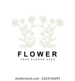 Simple Botanical Leaf and Flower Logo, Vector Natural Line Style, Decoration Design, Banner, Flyer, Wedding Invitation, and Product Branding