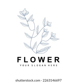 Simple Botanical Leaf and Flower Logo, Vector Natural Line Style, Decoration Design, Banner, Flyer, Wedding Invitation, and Product Branding