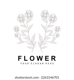 Logotipo simple de hoja y flor botánica, estilo de línea natural vectorial, diseño de decoración, cartel, volante, invitación a la boda y promoción de marca de productos