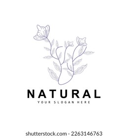 Logotipo simple de hoja y flor botánica, estilo de línea natural vectorial, diseño de decoración, cartel, volante, invitación a la boda y promoción de marca de productos