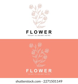 Logotipo simple de hoja y flor botánica, estilo de línea natural vectorial, diseño de decoración, cartel, volante, invitación a la boda y promoción de marca de productos