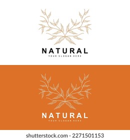 Simple Botanical Leaf and Flower Logo, Vector Natural Line Style, Decoration Design, Banner, Flyer, Wedding Invitation, and Product Branding