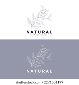 Simple Botanical Leaf and Flower Logo, Vector Natural Line Style, Decoration Design, Banner, Flyer, Wedding Invitation, and Product Branding