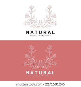 Logotipo simple de hoja y flor botánica, estilo de línea natural vectorial, diseño de decoración, cartel, volante, invitación a la boda y promoción de marca de productos