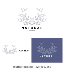 Simple Botanical Leaf and Flower Logo, Vector Natural Line Style, Decoration Design, Banner, Flyer, Wedding Invitation, and Product Branding