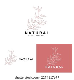 Simple Botanical Leaf and Flower Logo, Vector Natural Line Style, Decoration Design, Banner, Flyer, Wedding Invitation, and Product Branding