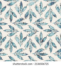 Simple botanical leaf vector pattern. Blue and green leaf pattern on cream background.