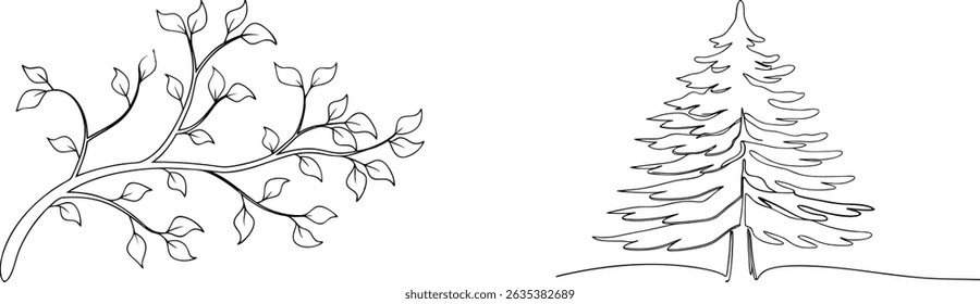 Simple botanical line art elements including branch with leaves and christmas tree