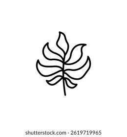 Simple botanical line drawing showcasing a stylized leaf on white backdrop
