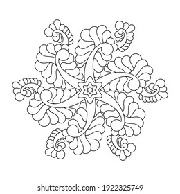 A simple Botanical print of a mandala. Easy coloring illustration page for kids and beginners. Hand drawing art . Abstract vector medallion. Pattern for coloring book