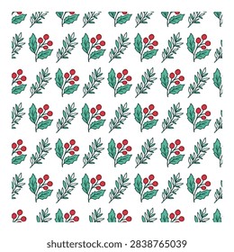 Simple Botanical Repeat Pattern with Holly Leaves. Perfect for Christmas wrapping paper, holiday textiles, greeting cards, wallpaper, fabric printing, stationery, gift packaging, etc