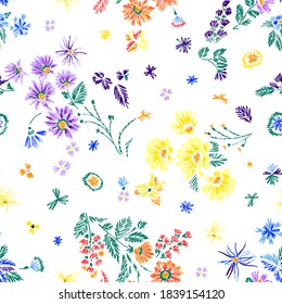 Simple botanical seamless pattern. Cute abstractive plants ornament. Graphic pencil line sketch drawing. Flowers, herbs and leaves. Summer fashion design for textile, fabric, clothes and wrapping.