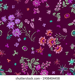 Simple botanical seamless pattern. Cute abstractive plants ornament. Graphic pencil line sketch drawing. Flowers, herbs and leaves. Summer fashion design for textile, fabric, clothes and wrapping.