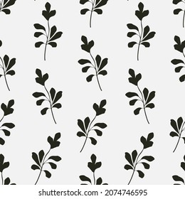 Simple botanical seamless pattern. Silhouettes of tropical leaves. Minimalistic monochrome design for fabric, wallpaper, packaging, background.
