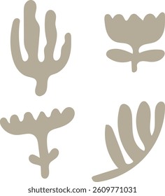 Simple botanical shapes in a minimalist style. Organic plant forms are depicted with smooth lines and curves. Cartoon vector illustration.