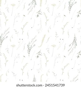 Simple botanical trendy vector design seamless print. Minimalist plants, branches, greenery and flowers on white background. Clean and simple pattern. Minimalism. Elements are isolated and editable
