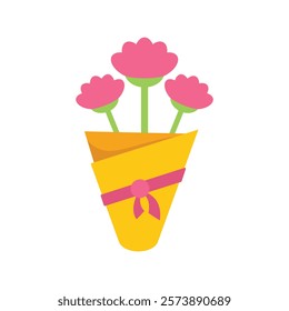 Simple bouquet of pink carnations wrapped in yellow paper and tied with a pink ribbon