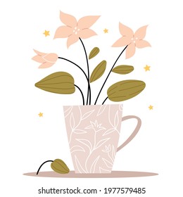 Simple bouquet. Pink flowers in a gray cup. Cute greeting card with summer mood. Botanical retro illustration.