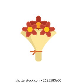 Simple bouquet of red flowers with yellow centers tied with string and sitting in yellow paper wrap