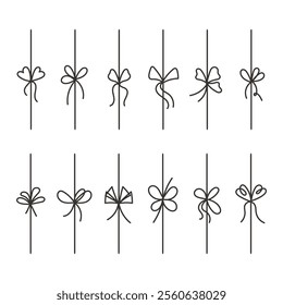 Simple bow doodle set. Line bows on ribbon. Bow on string set decoration. Bowknot for package, letter. Illustration