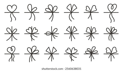 Simple bow doodle set. Line bows on ribbon. Bow on string set decoration. Bowknot for package, letter. Illustration