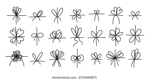Simple bow doodle set. Bow on string set, lines and corners decoration design. Line bows on ribbon. Bowknot for package or letter, planner diary decent vector dividers.