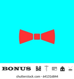 Simple Bow Tie icon flat. Red pictogram on blue background. Vector illustration symbol and bonus buttons Music center, corkscrew, credit card, house, drum