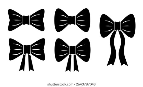 Simple bow tie icon set in flat vector style. Bow tie set silhouette. Perfect for fashion, wedding, party, and formal event themes. Ideal for use in web, print, and graphic design projects.