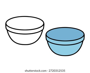 Simple bowl illustration with a colored version and an outline version, clean and minimal style suitable for icons, stickers, food graphics, kids content, and coloring pages.