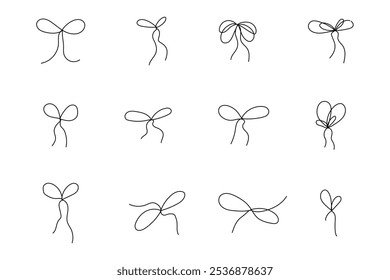 Arcos simples en la línea delgada de la cinta, Bowknot para el paquete. Establecer cinta de regalo, doodle stroke decoración mínima. Presente, paquete de cuerda, Elementos de novia
