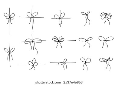 Arcos simples en la línea delgada de la cinta, Bowknot para el paquete. Establecer cinta de regalo, doodle stroke decoración mínima. Presente, paquete de cuerda, Elementos de novia