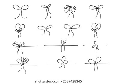 Simple bows on ribbon thin line, Bowknot for package. Set gift ribbon, doodle stroke minimal decoration. Present, package rope, wedding elements