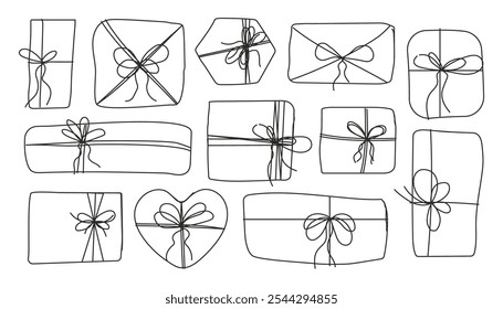 Arcos simples na linha fina da fita, Bowknot para o pacote. Definir a fita de presente, rabiscar o traço decoração mínima. Presente, corda do pacote, elementos do casamento