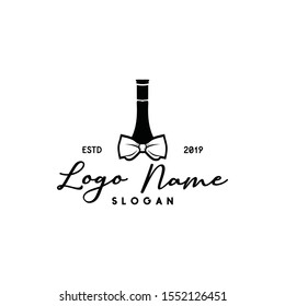Simple bowtie bottle silhouette logo vector. Bow tie wine beverage brewery icon. premium alcohol supplier. Drink essence of fresh grape. modern vintage look. apply as web, mobile smart phone apps.