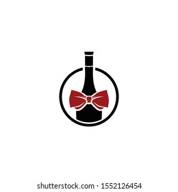 Simple bowtie bottle silhouette logo vector. Bow tie wine beverage brewery icon. premium alcohol supplier. Drink essence of fresh grape. modern vintage look. apply as web, mobile smart phone apps.