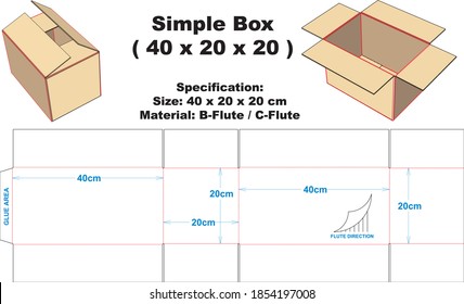 Caja simple para material de flauta B o C ondulada.  Caja simple con modelo A1, se puede utilizar para varios tipos de embalaje.