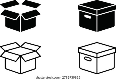 simple box icon collection with open and closed delivery parcel illustrations for design