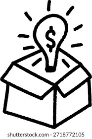 Ilustración de caja simple con bombilla emergente que representa ideas de negocio innovadoras y soluciones creativas para el éxito de la startup y el crecimiento financiero.