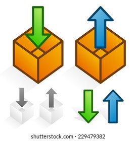 Simple boxes with arrows (upload, download; incoming, outgoing; inwards, outwards)