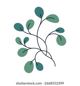 Simple branch of eucalyptus with green leaves. Great for cards, stickers, posters, invitations, textiles, and seasonal design. Flat minimal hand drawn vector illustration in botanical style.