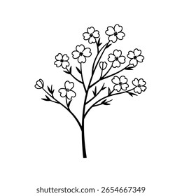 Ramificação simples de uma árvore florida em um estilo de arte de linha limpo. Um ícone de contorno minimalista para mola, natureza ou marca botânica.