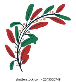 simple branch with leaves and berries hand drawn style for corner border or frame