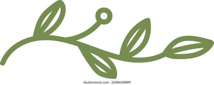 A simple branch with leaves in a clean, minimalist style. The artwork depicts a twig adorned with foliage in an elegant and modern look. Cartoon vector illustration.