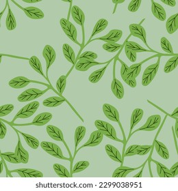 Simple branches with leaves seamless pattern. Organic endless background. Decorative forest leaf endless wallpaper. Design for fabric, textile print, wrapping, cover. Vector illustration.
