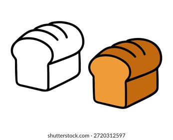 Simple bread loaf illustration with a colored version and an outline version, cute and minimal style suitable for icons, stickers, food graphics, kids content, and coloring pages.