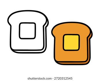 Simple rebanada de pan con ilustración de mantequilla con una versión de color y una versión de contorno, estilo lindo y mínimo adecuado para iconos, pegatinas, gráficos de alimentos, contenido para niños y páginas para colorear.