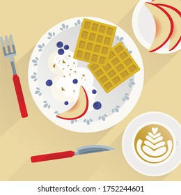simple breakfast illustration, belgian waffles, cream, fruit, cappuccino